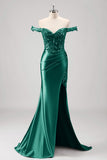 Grey Green Off the Shoulder Sequined Satin Mermaid Prom Dress with Slit