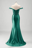 Grey Green Off the Shoulder Sequined Satin Mermaid Prom Dress with Slit