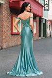 Grey Green Off the Shoulder Sequined Satin Mermaid Prom Dress with Slit
