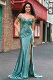Grey Green Corset Sequined Satin Mermaid Prom Dress with Slit