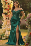 Sparkly Grey Green Plus Size Off the Shoulder Satin Mermaid Prom Dress with Sequin