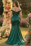 Sparkly Grey Green Plus Size Off the Shoulder Satin Mermaid Prom Dress with Sequin
