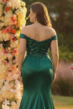 Sparkly Grey Green Plus Size Off the Shoulder Satin Mermaid Prom Dress with Sequin