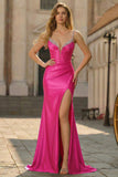 Fuchsia Corset Sequin Mermaid Sweep Train Prom Dress with Slit