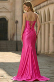 Fuchsia Corset Sequin Mermaid Sweep Train Prom Dress with Slit
