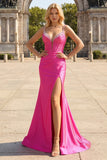Purple Corset Sequin Sweep Train Mermaid Prom Dress with Slit