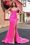 Gorgeous Fuchsia Mermaid Corset Sweep Train Prom Dress with Sequins