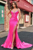 Gorgeous Fuchsia Mermaid Corset Sweep Train Prom Dress with Sequins