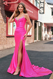 Gorgeous Fuchsia Mermaid Corset Sweep Train Prom Dress with Sequins