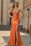 Mermaid Corset Orange Sequin Sweep Train Prom Dress with Slit
