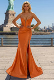 Mermaid Corset Orange Sequin Sweep Train Prom Dress with Slit