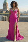 Fuchsia Corset Sequin Mermaid Sweep Train Prom Dress with Slit