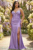 Purple Corset Sequin Plus Size Sweep Train Mermaid Prom Dress with Slit