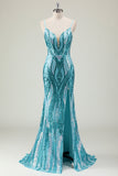 Sparkly Blue Mermaid Spaghetti Straps Printed Prom Dress with Sequins
