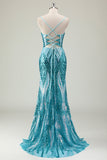 Sparkly Blue Mermaid Spaghetti Straps Printed Prom Dress with Sequins