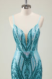 Sparkly Blue Mermaid Spaghetti Straps Printed Prom Dress with Sequins