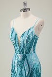 Sparkly Blue Mermaid Spaghetti Straps Printed Prom Dress with Sequins