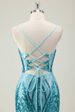 Sparkly Blue Mermaid Spaghetti Straps Printed Prom Dress with Sequins
