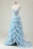 Sparkly Blue A Line Sequins Strapless Tiered Long Prom Dress