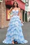 Sparkly Blue A Line Sequins Strapless Tiered Long Prom Dress
