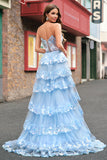 Sparkly Blue A Line Sequins Strapless Tiered Long Prom Dress