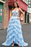 Sparkly Blue Ball Gown Sequins Corset Tiered Prom Dress with Slit