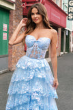 Sparkly Blue Ball Gown Sequins Corset Tiered Prom Dress with Slit