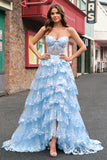 Sparkly Blue Ball Gown Sequins Corset Tiered Prom Dress with Slit