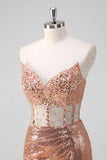 Rose Golden Strapless V-Neck Sequined Mermaid Prom Dress with Slit