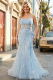 Blue Applique Mermaid Plus Size Tulle Prom Dress with Beading