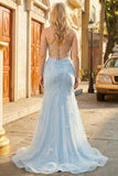 Blue Applique Mermaid Plus Size Tulle Prom Dress with Beading