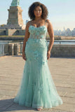 Blue Applique Mermaid Plus Size Tulle Prom Dress with Beading