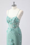 Blue Applique Mermaid Tulle Prom Dress with Beading