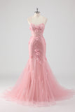 Blue Applique Mermaid Tulle Prom Dress with Beading