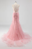 Blue Applique Mermaid Tulle Prom Dress with Beading