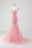 Blue Applique Mermaid Tulle Prom Dress with Beading