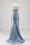 Grey Blue Strapless Applique Satin Beaded Mermaid Prom Dress with Slit