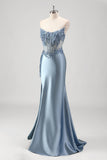 Grey Blue Strapless Applique Satin Beaded Mermaid Prom Dress with Slit