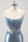 Grey Blue Strapless Applique Satin Beaded Mermaid Prom Dress with Slit