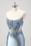 Grey Blue Strapless Applique Satin Beaded Mermaid Prom Dress with Slit