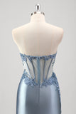 Grey Blue Strapless Applique Satin Beaded Mermaid Prom Dress with Slit