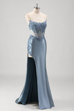 Grey Blue Strapless Applique Satin Beaded Mermaid Prom Dress with Slit