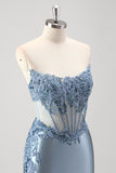 Grey Blue Strapless Applique Satin Beaded Mermaid Prom Dress with Slit