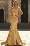 Mermaid Golden Sequined Spaghetti Straps Satin Prom Dress
