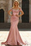 Pink Mermaid Spaghetti Straps Sequined Satin Prom Dress