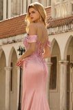Pink Mermaid Spaghetti Straps Sequined Satin Prom Dress