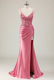 Sparkly Coral Mermaid Sequins Beaded Corset Ruched Prom Dress with Slit