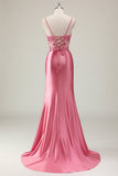 Sparkly Coral Mermaid Sequins Beaded Corset Ruched Prom Dress with Slit