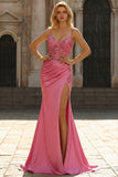 Sparkly Coral Mermaid Plus Size Corset Spaghetti Straps Prom Dress with Sequin