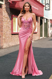 Sparkly Coral Mermaid Sequins Beaded Corset Ruched Prom Dress with Slit